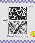Promotional graphic for a 'Dual Mood Set' with abstract designs and a discount offer on a checkered background.