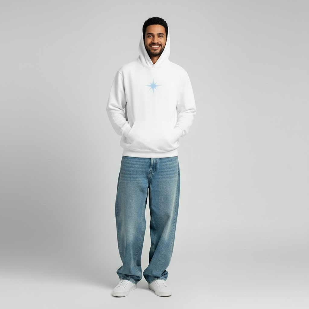 White hoodie with a blue star design on a white background