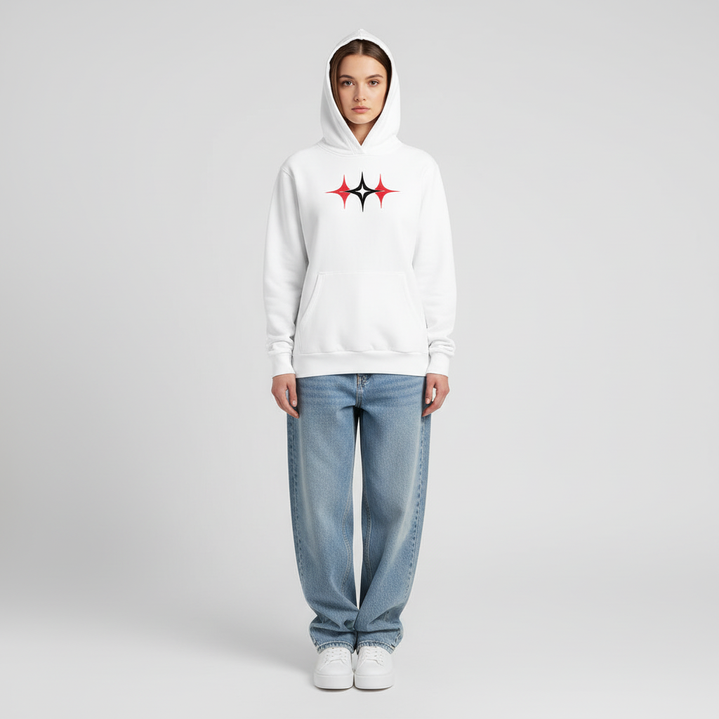White hoodie with a red and black star design on a white background