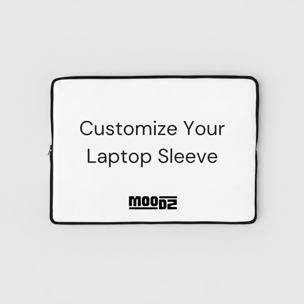 Laptop sleeve with text 'Customize Your Laptop Sleeve' and a logo on a white background